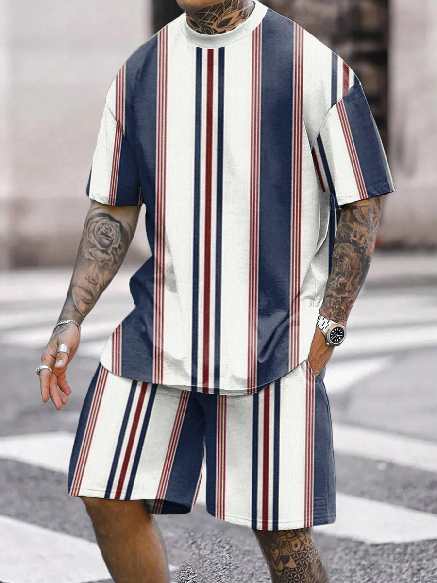 Men's Sets Colorful Stripes Pattern Two-Piece T-shirt Shorts Set