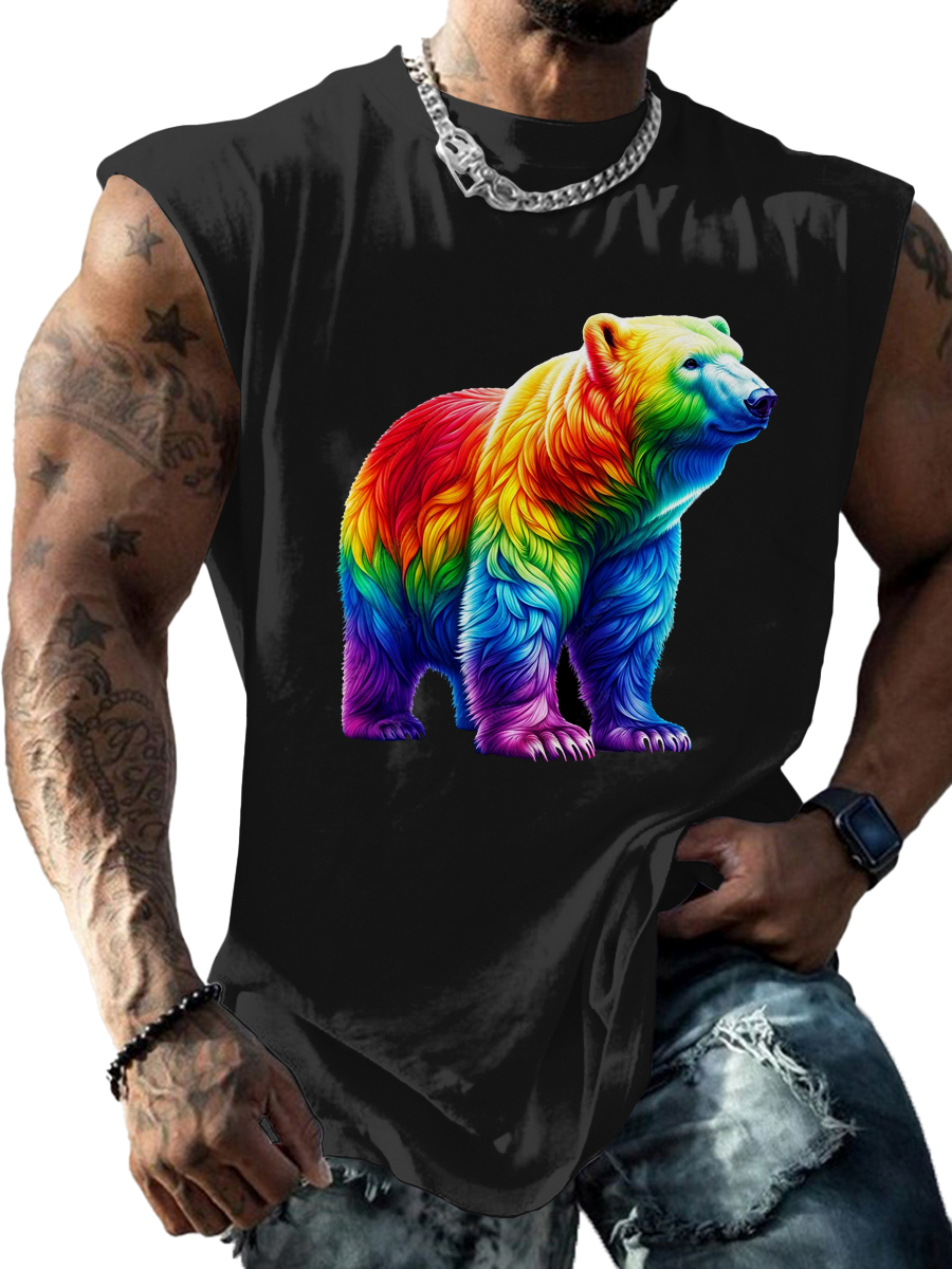 Men's Pride Month Rainbow Bear Print Casual Tank Top