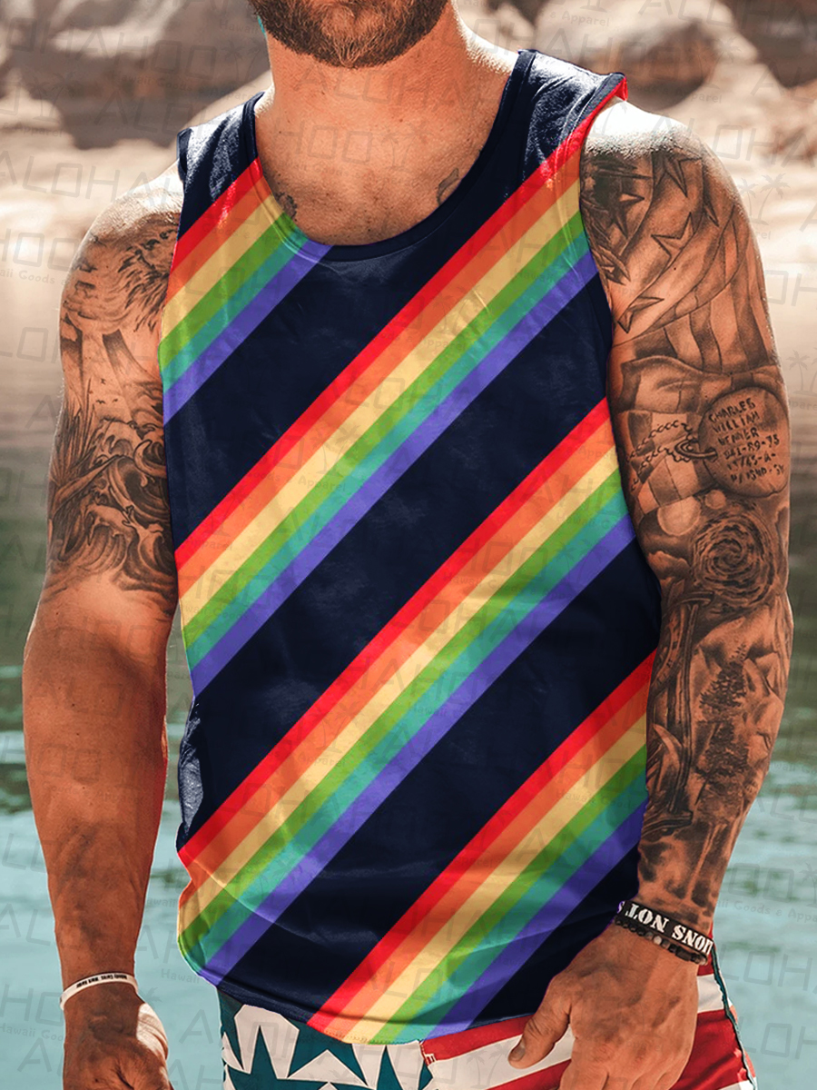 Men's Art Rainbow Stripes Print Tank Top Muscle Tee