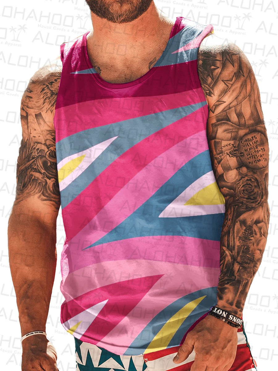 Men's Tank Top Fun Pink Stripes Print Crew Neck Tank T-Shirt