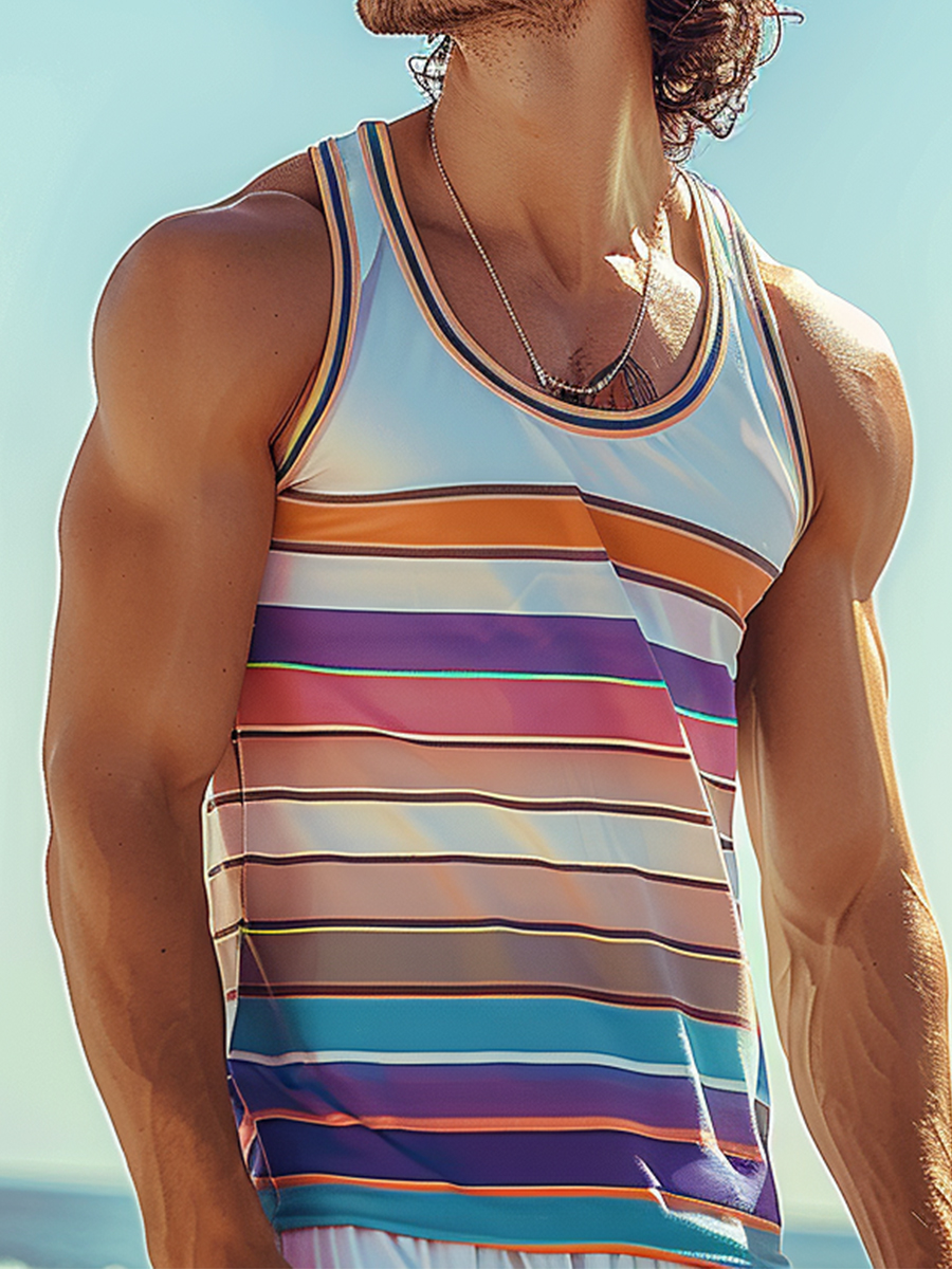 Men's Rainbow Stripes Print Tank Top Muscle Tee