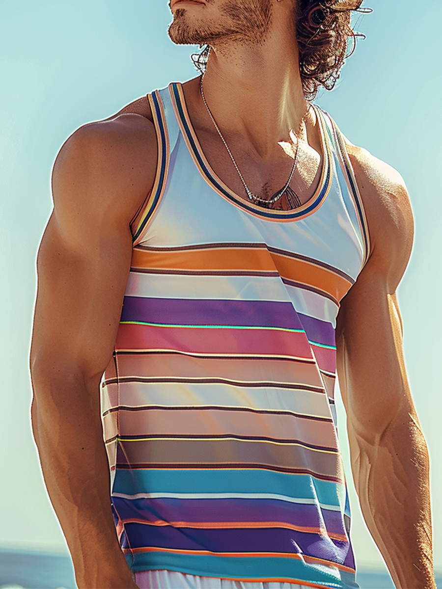 Men's Rainbow Stripes Print Tank Top Muscle Tee