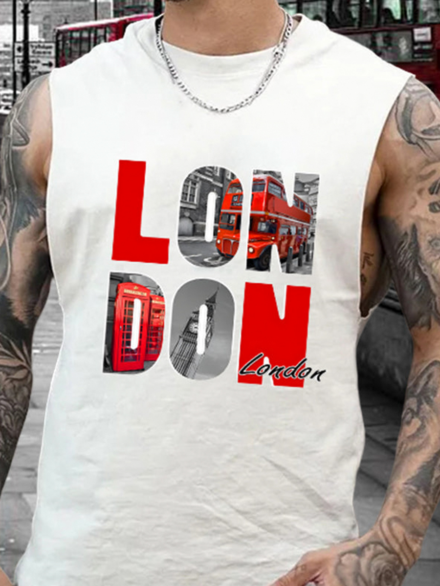 Men's Tank Top London Letter Art Print Crew Neck Tank T-Shirt