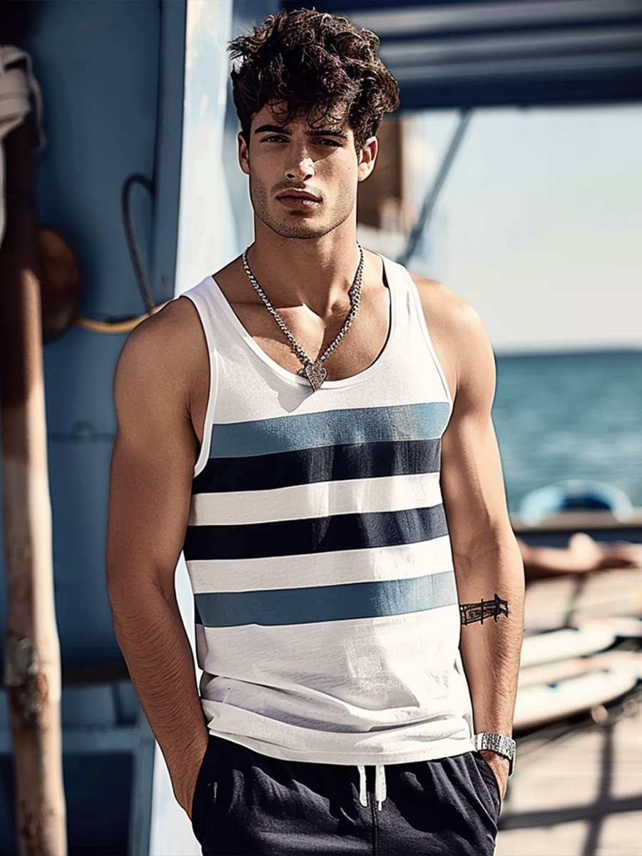 Men's Blue Stripes Print Crew Neck Tank Top Muscle Tee