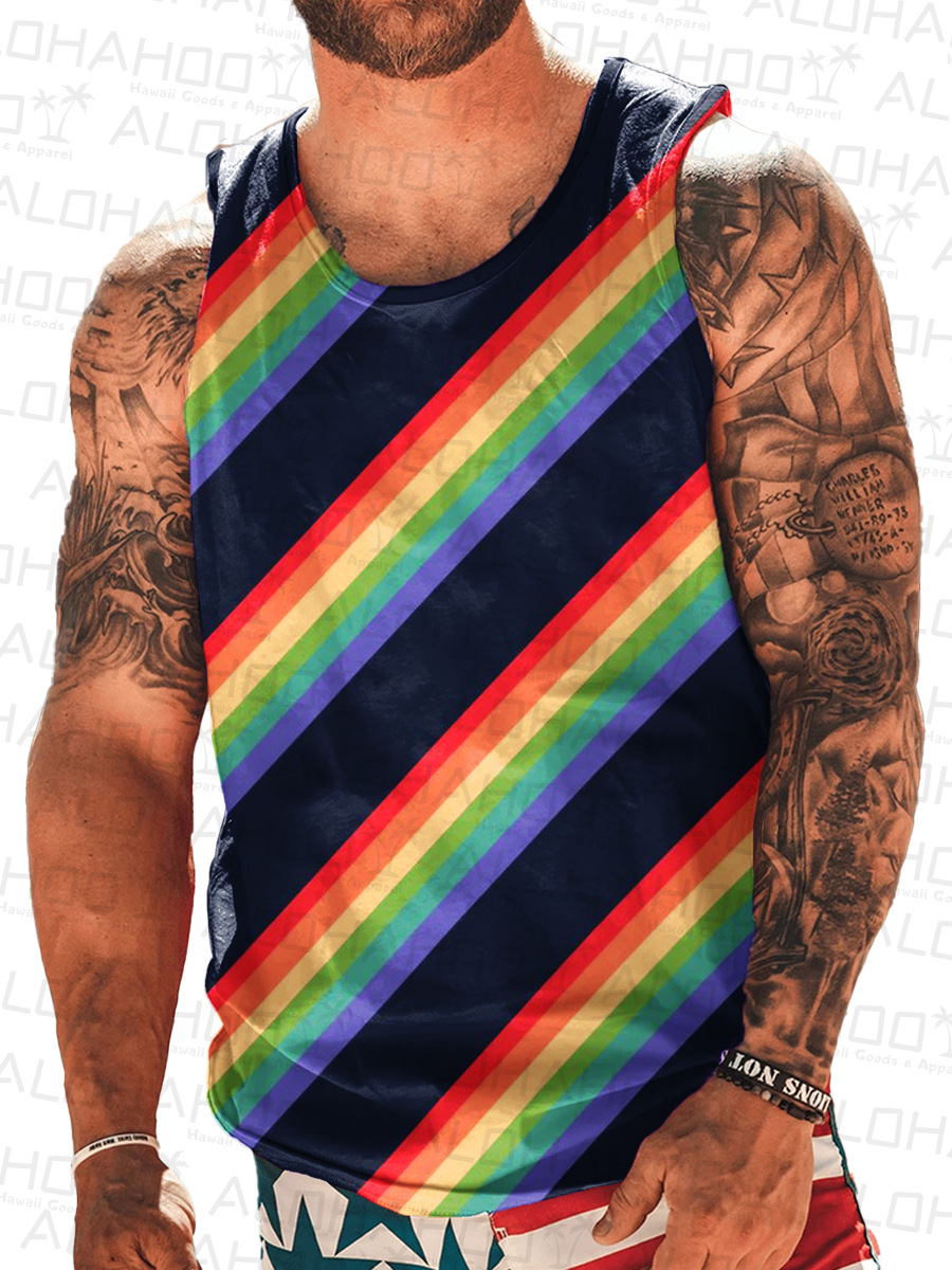 Men's Art Rainbow Stripes Print Tank Top Muscle Tee
