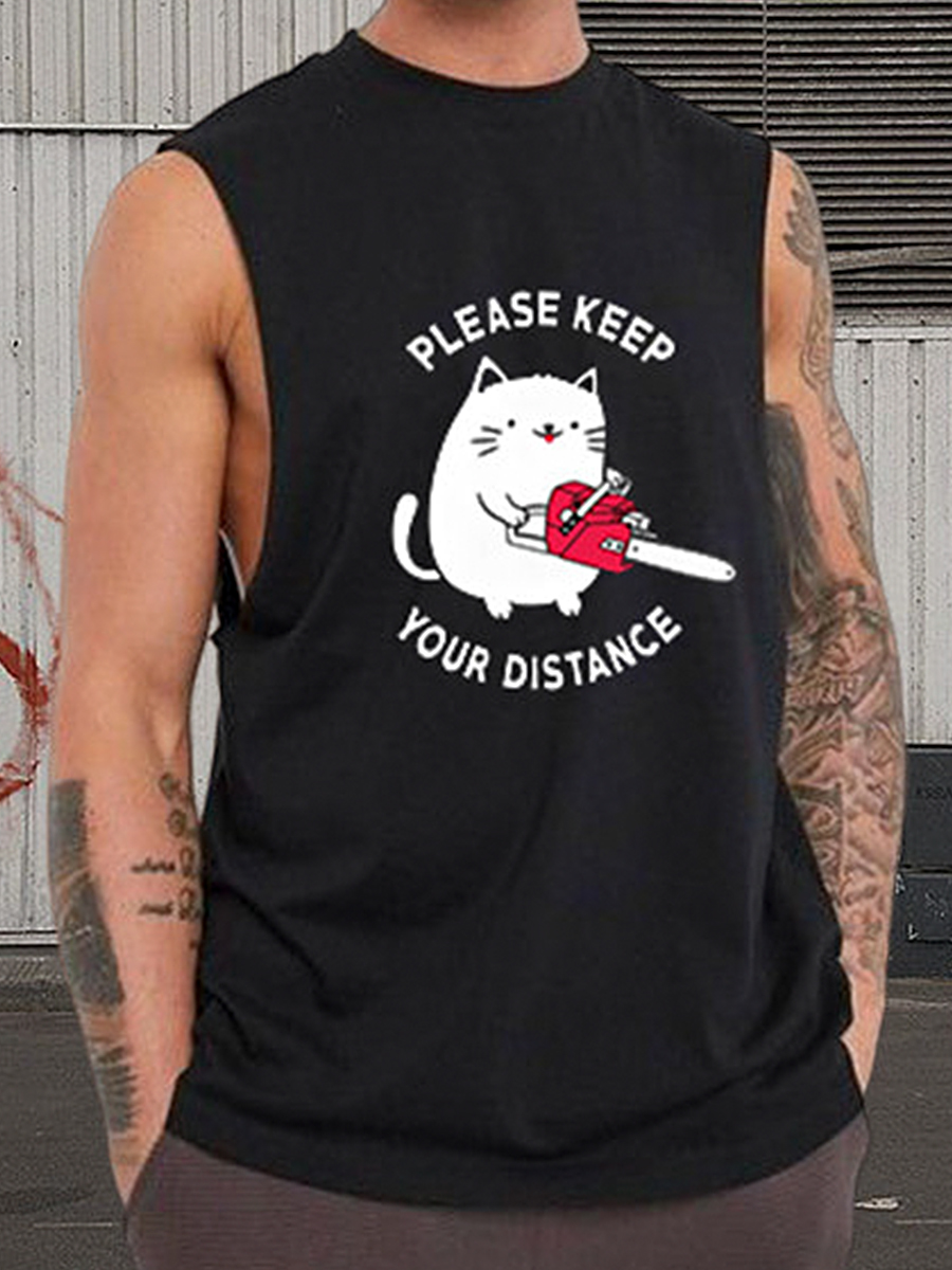 Men's Tank Top Please Keep Your Distance Cat Print Crew Neck Tank T-Shirt