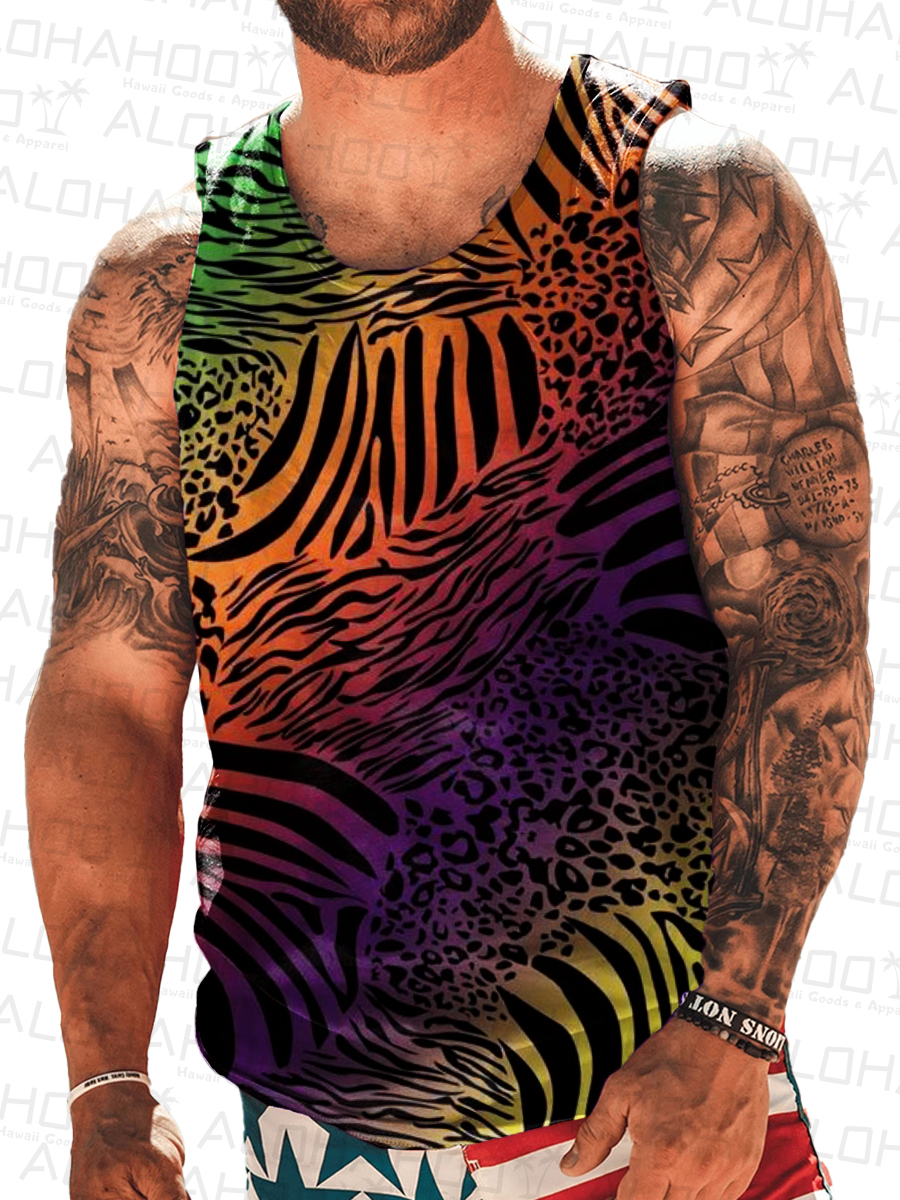 Men's Leopard Rainbow Print Crew Neck Tank Top Muscle Tee