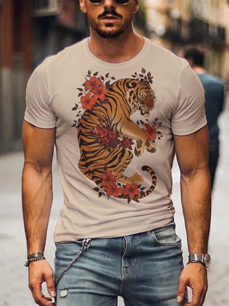Men's Aloha T-shirt Flower Cover Tiger Print T-shirt
