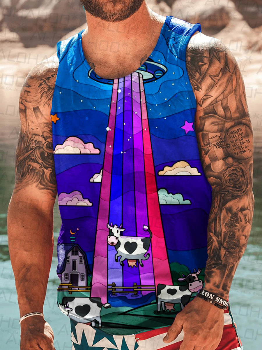 Men's Tank Top Bisexual Art UFO Cow Print Crew Neck Tank T-Shirt Muscle Tee