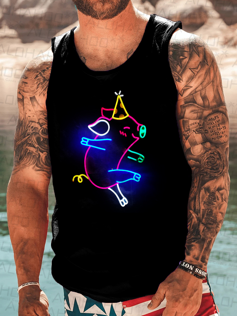 Men's Fun Neon Pig Print Tank Top Muscle Tee
