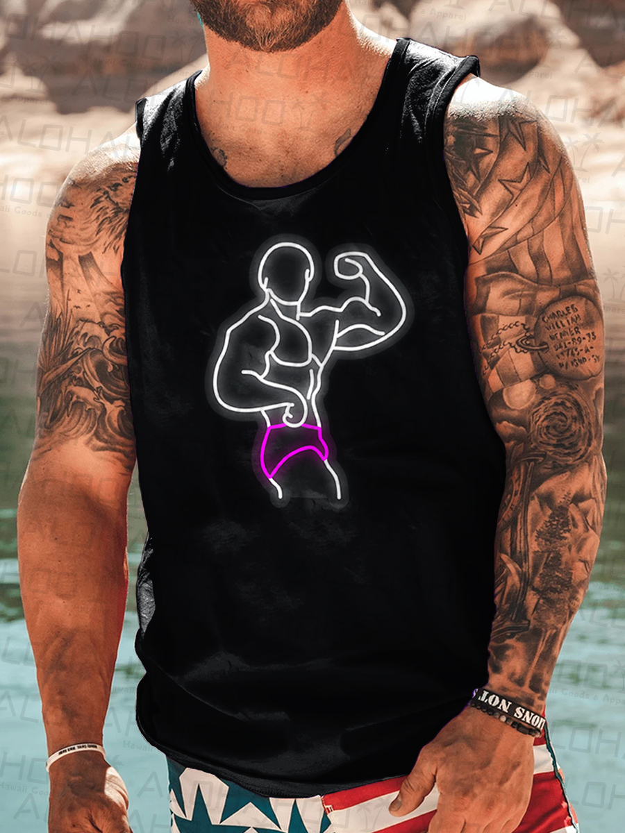 Men's Fun And Sexy Neon Muscle Man Print Tank Top Muscle Tee