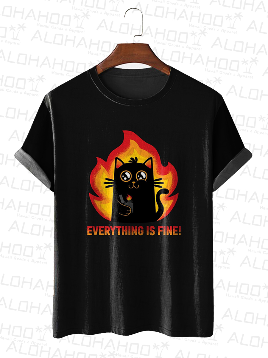 Men's Cat In Fire Print T-Shirt