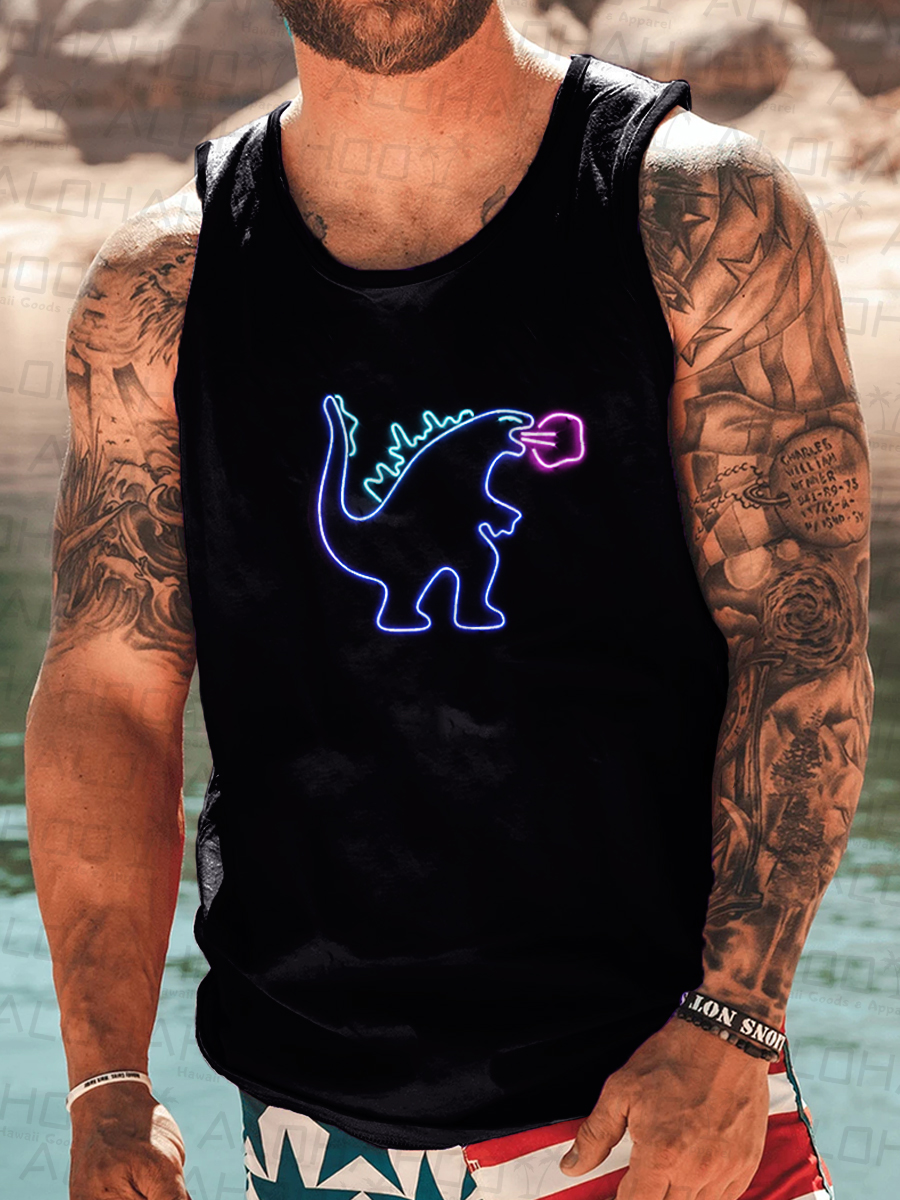 Men's Neon Dinosaur Print Tank Top Muscle Tee