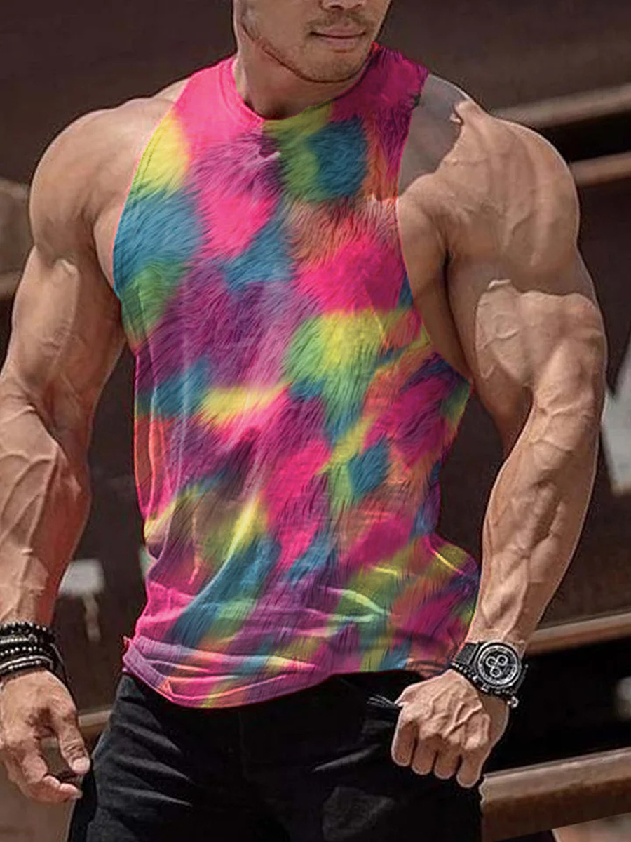 Men's Tank Top Rainbow Feather Print Crew Neck Tank T-Shirt