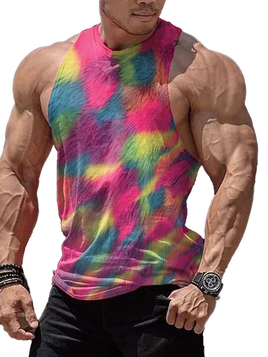 Men's Tank Top Rainbow Feather Print Crew Neck Tank T-Shirt