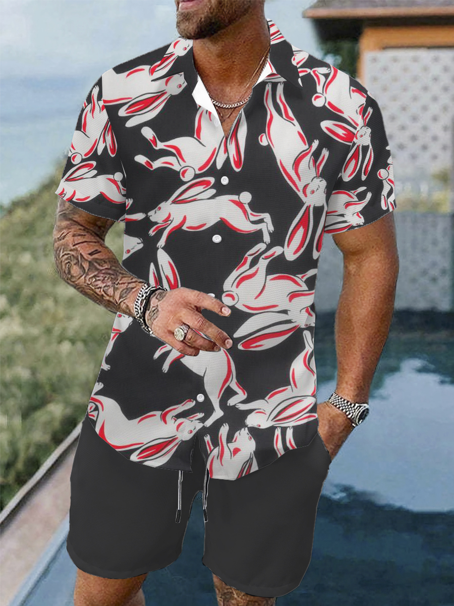 Men's Sets Hawaiian Rabbit Print Button Pocket Two-Piece Shirt Shorts Set