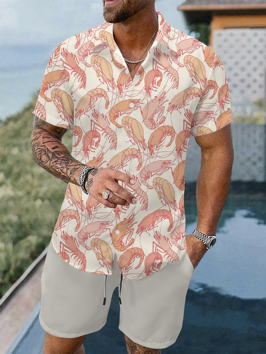Men's Sets Hawaiian Shrimp Print Button Pocket Two-Piece Shirt Shorts Set