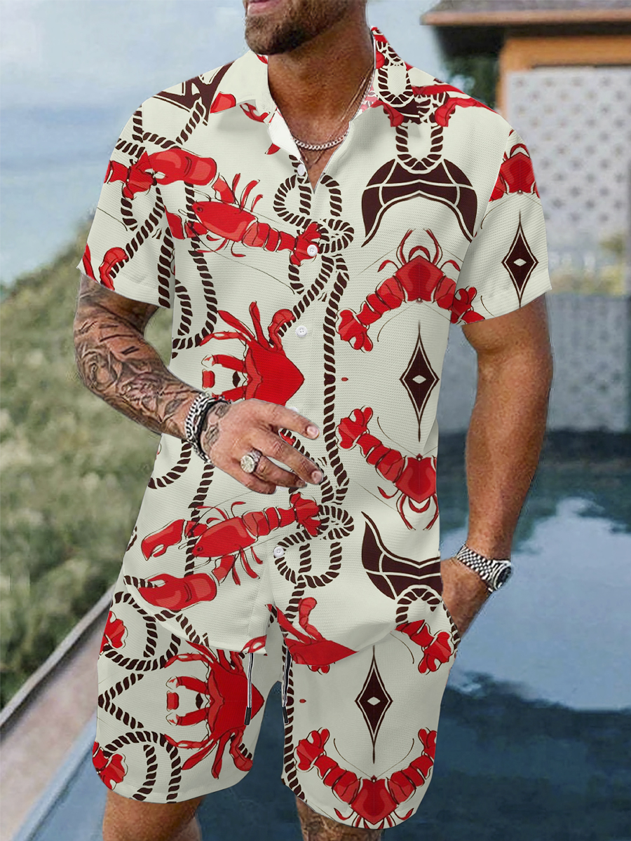 Men's Sets Hawaiian Navigation Shrimp Print Button Pocket Two-Piece Shirt Shorts Set