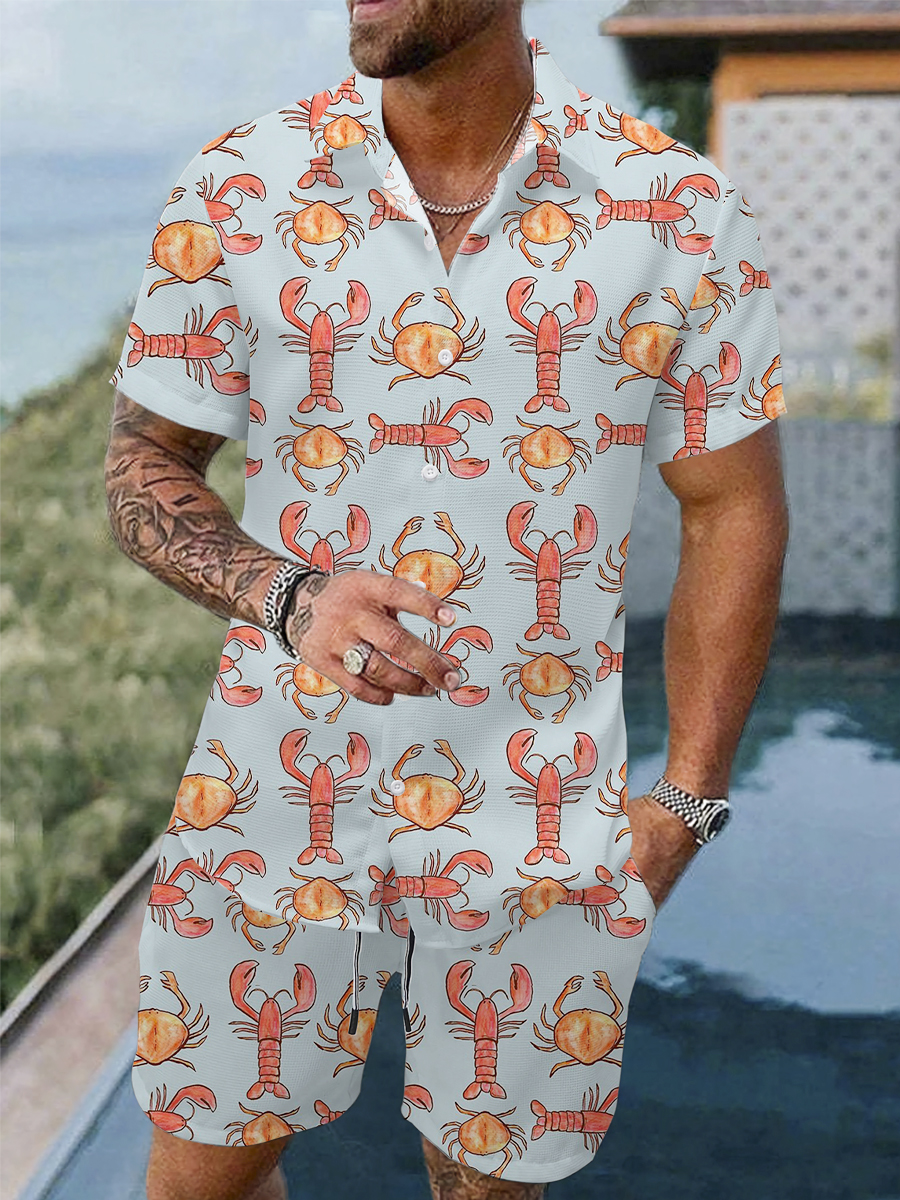 Men's Sets Hawaiian Crab And Shrimp Print Button Pocket Two-Piece Shirt Shorts Set