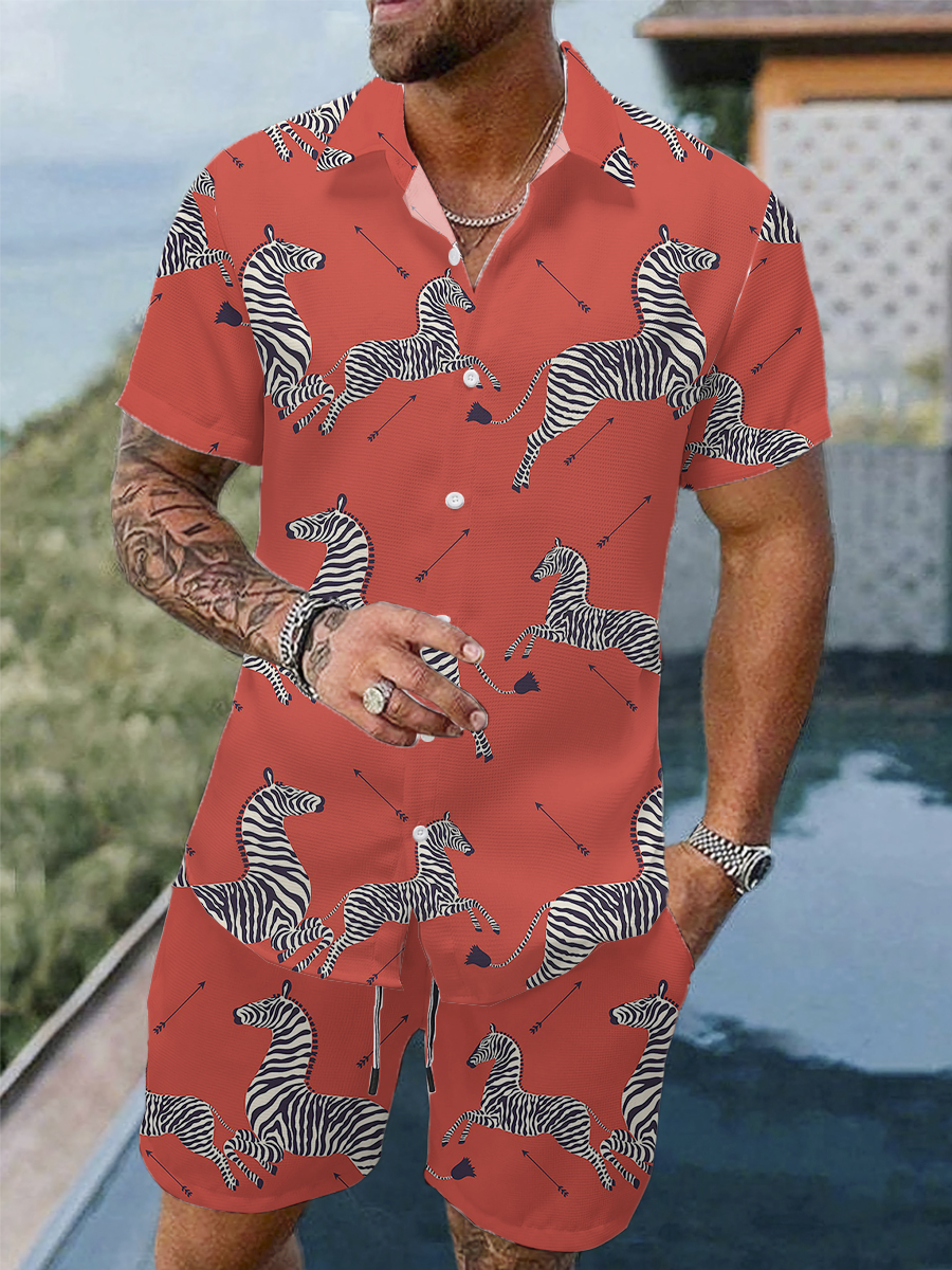 Men's Sets Hawaiian Zebra Print Button Pocket Two-Piece Shirt Shorts Set