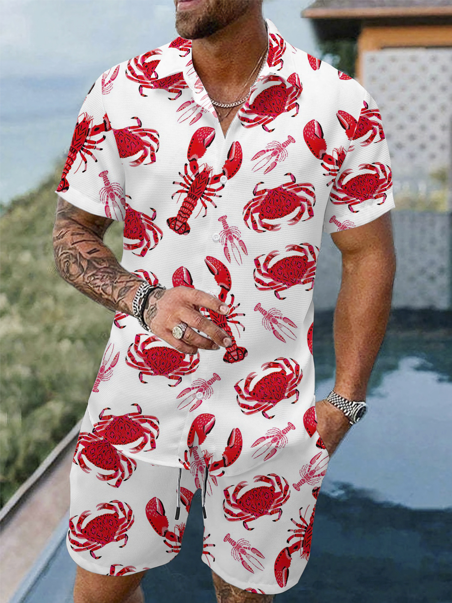 Men's Sets Hawaiian Art Crab Print Button Pocket Two-Piece Shirt Shorts Set