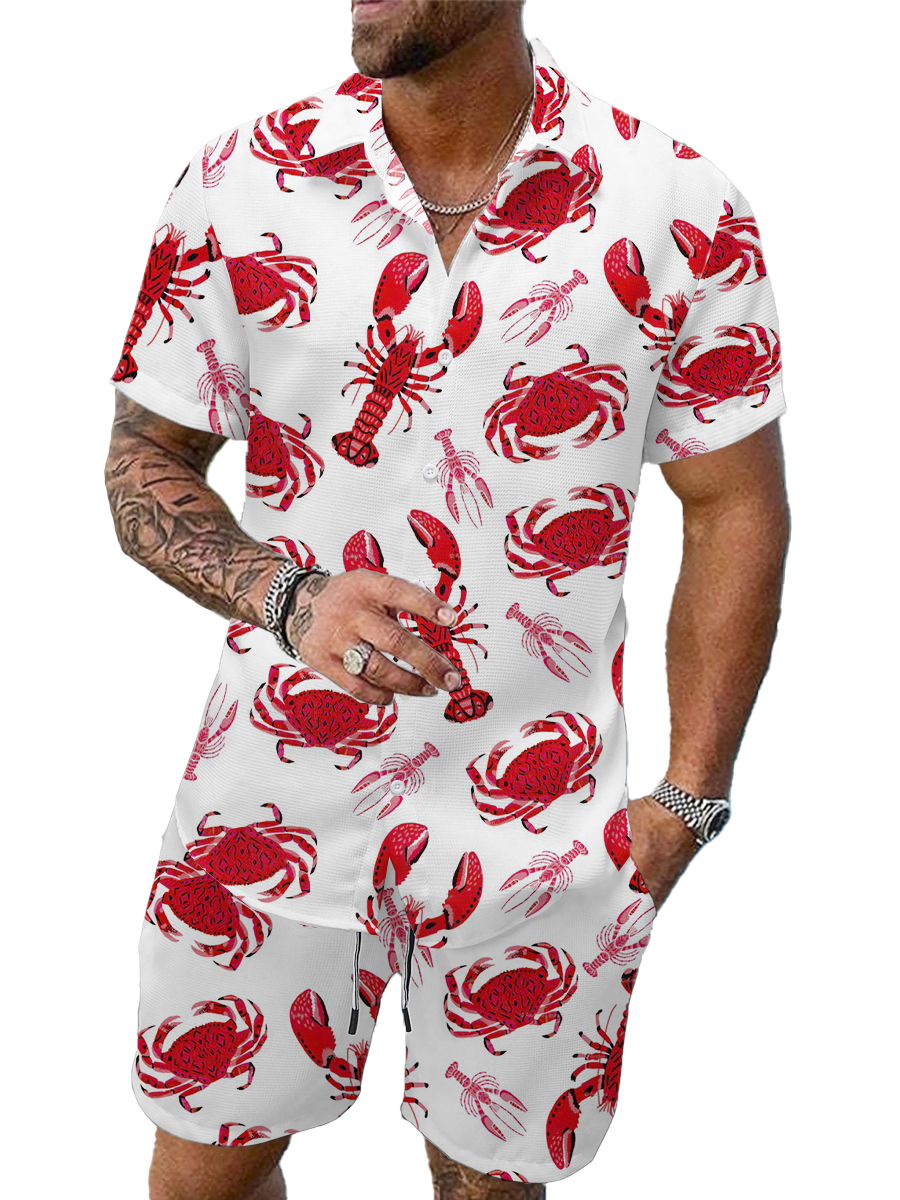 Men's Sets Hawaiian Art Crab Print Button Pocket Two-Piece Shirt Shorts Set