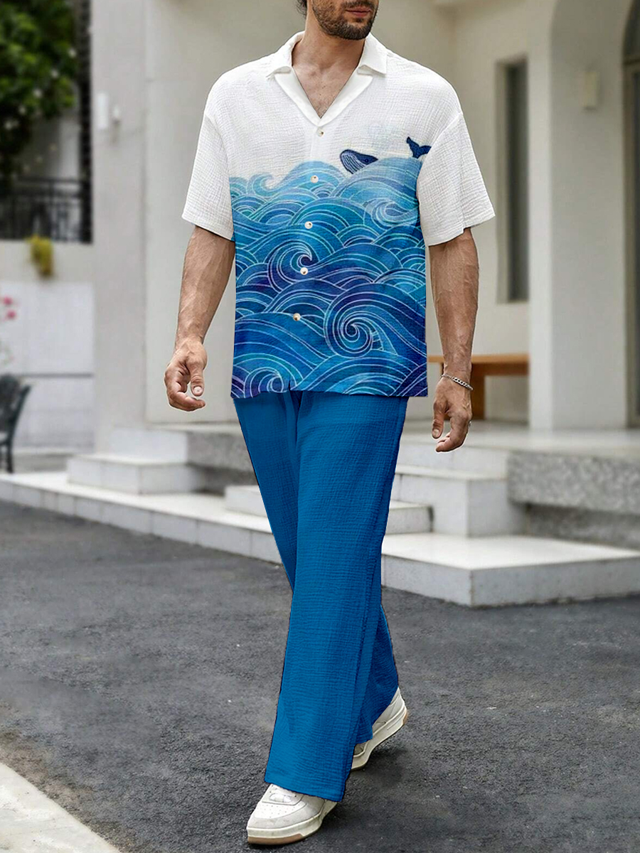 Men's Sets Whale Print Button Down Wrinkle Free Seersucker Two-Piece Shirt Shorts
