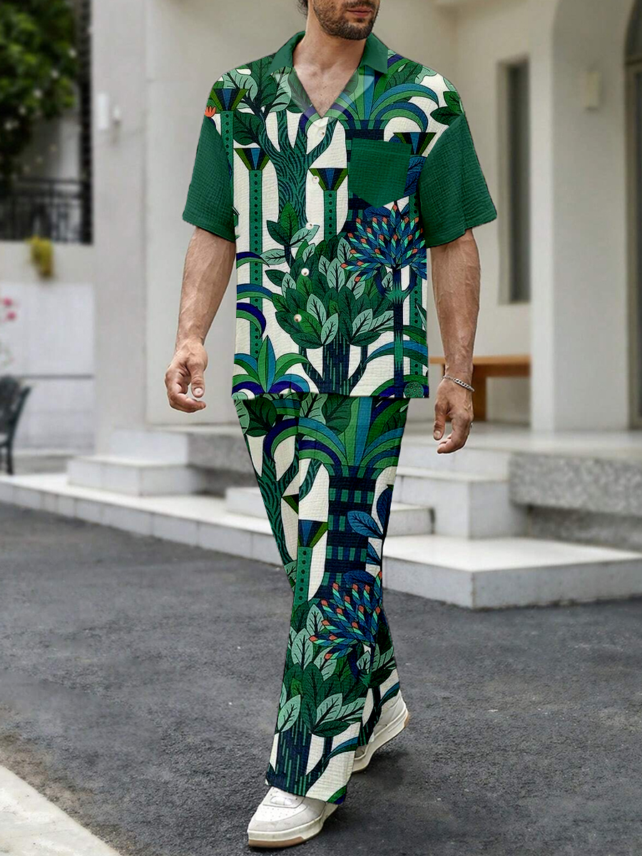 Men's Sets Tropical Green Plant Print Button Down Wrinkle Free Seersucker Two-Piece Shirt Shorts