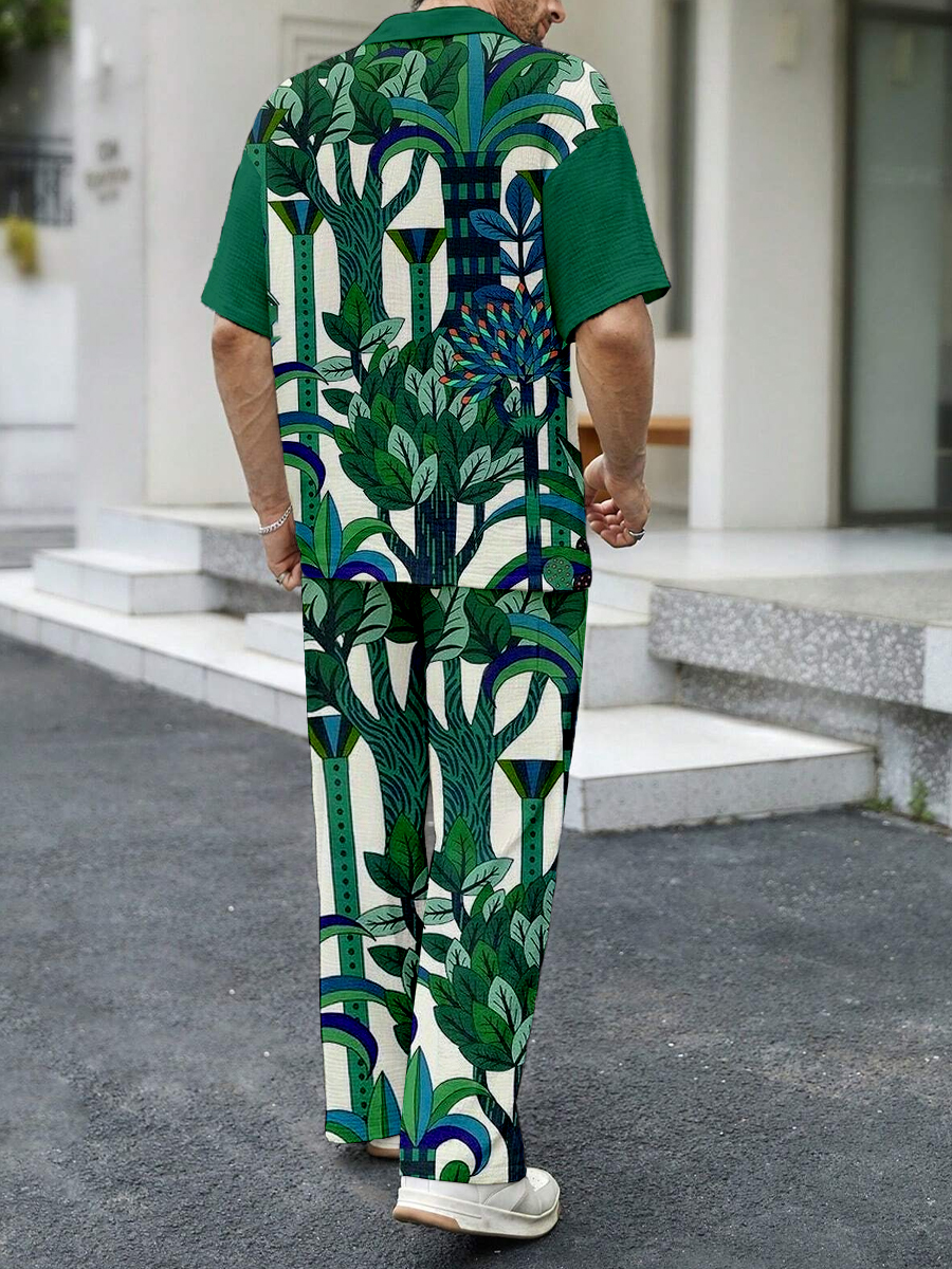 Men's Sets Tropical Green Plant Print Button Down Wrinkle Free Seersucker Two-Piece Shirt Shorts