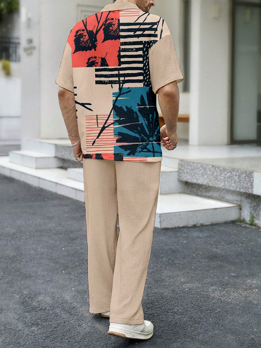 Men's Sets Plant Patchwork Print Button Down Wrinkle Free Seersucker Two-Piece Shirt Sets