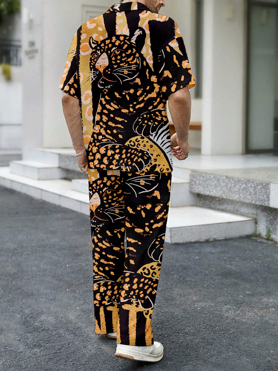 Men's Sets Black Leopard Print Button Down Wrinkle Free Seersucker Two-Piece Shirt Shorts