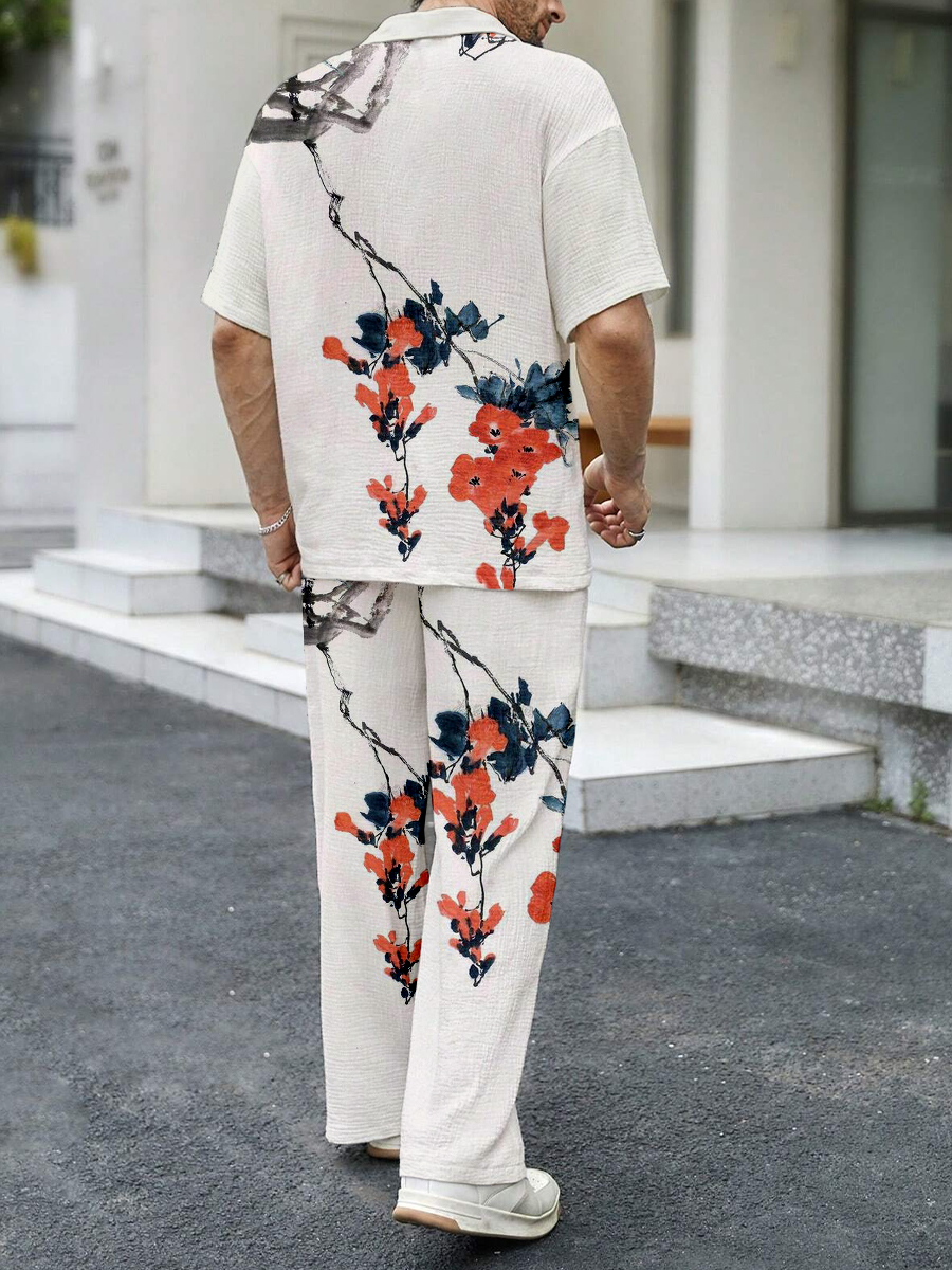 Men's Sets Retro Print Button Down Wrinkle Free Seersucker Two-Piece Shirt Sets