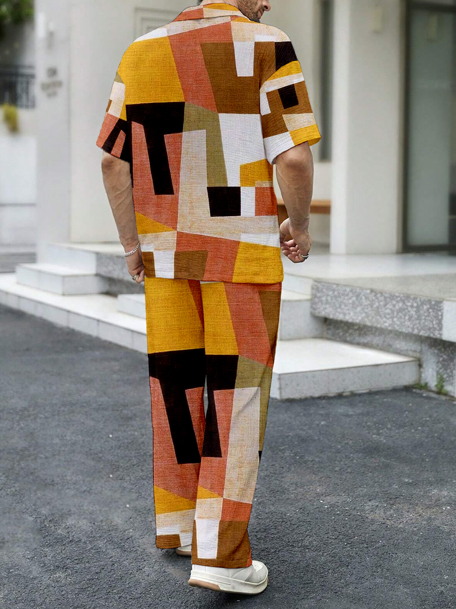 Men's Sets Geometric Colorblock Print Button Down Wrinkle Free Seersucker Two-Piece Shirt Shorts