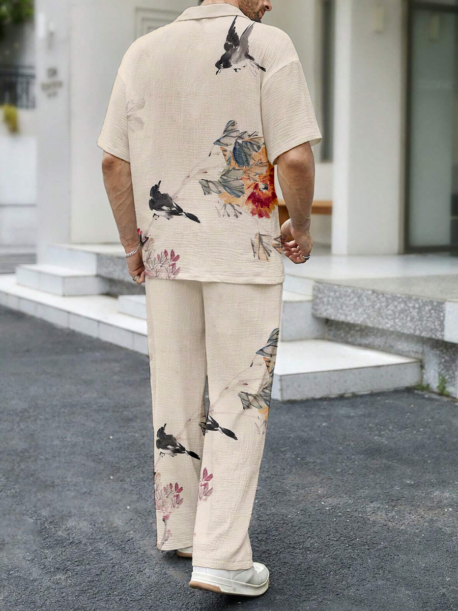 Men's Sets Birds Painting Print Button Down Wrinkle Free Seersucker Two-Piece Shirt Sets