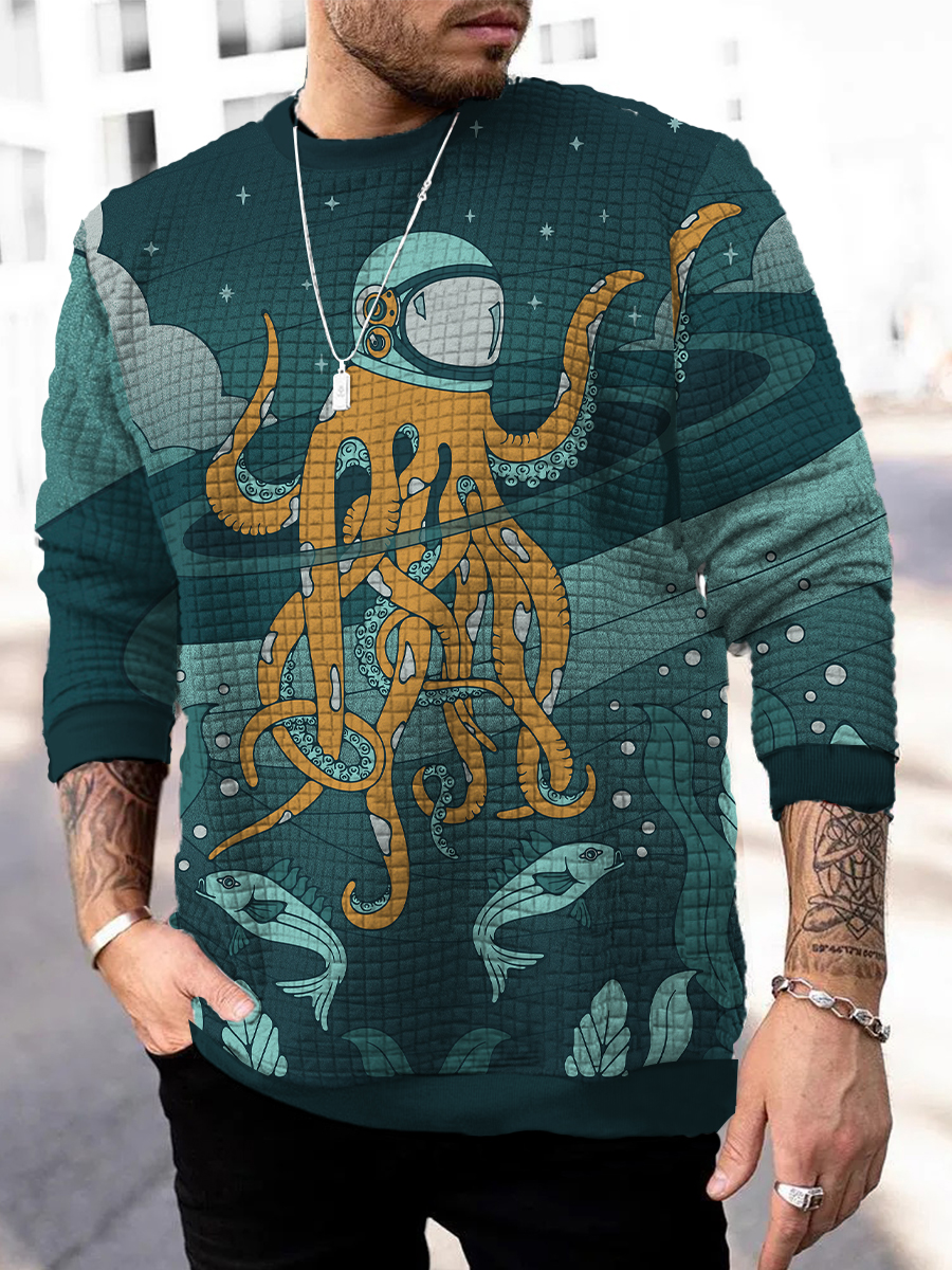 Men's Square Pattern Sweatshirt Art Space Octopus Print Long Sleeve Sweatshirt