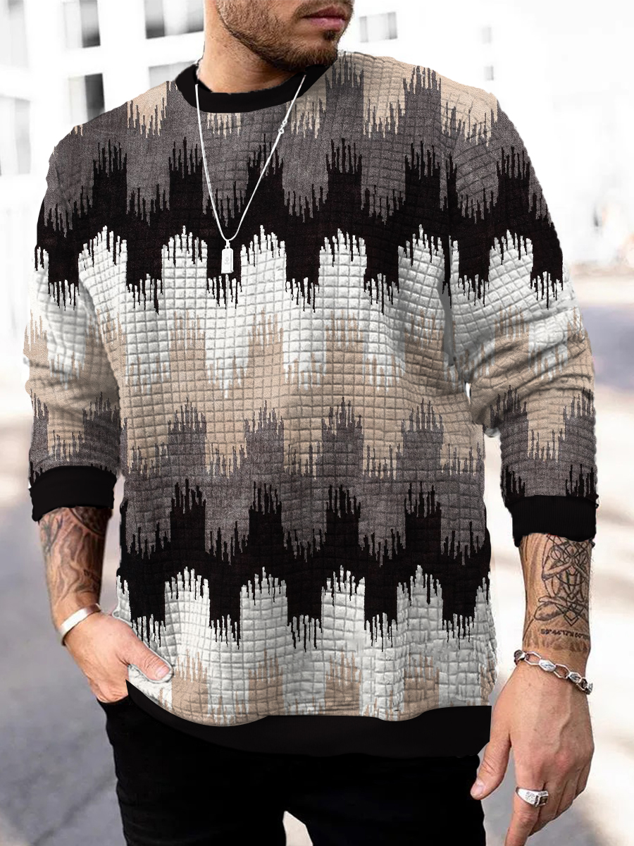Men's Square Pattern Sweatshirt Stripe Art Print Long Sleeve Sweatshirt