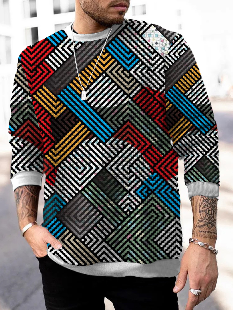 Men's Square Pattern Sweatshirt Colorful Stripes Print Long Sleeve Sweatshirt