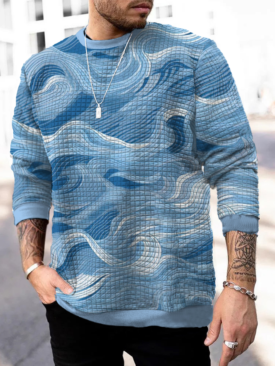 Men's Square Pattern Sweatshirt Wave Pattern Print Long Sleeve Sweatshirt