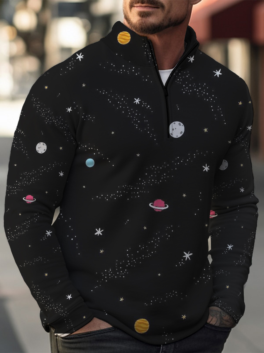 Galaxy Planet Print Casual Zip Long Sleeve Sweater
