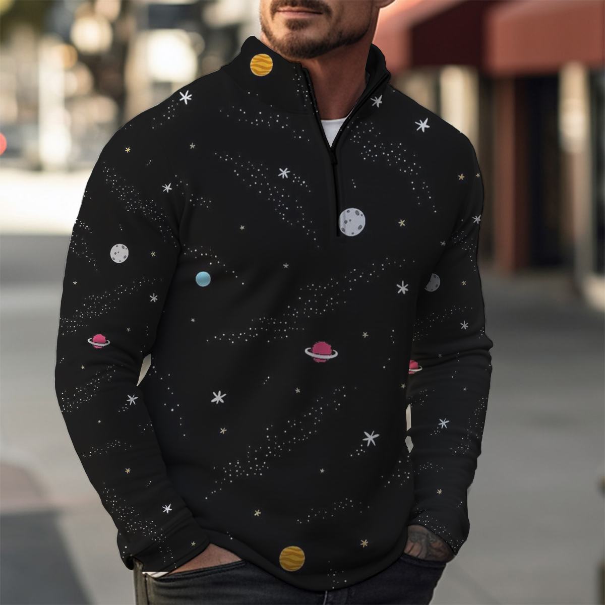 Galaxy Planet Print Casual Zip Long Sleeve Sweater