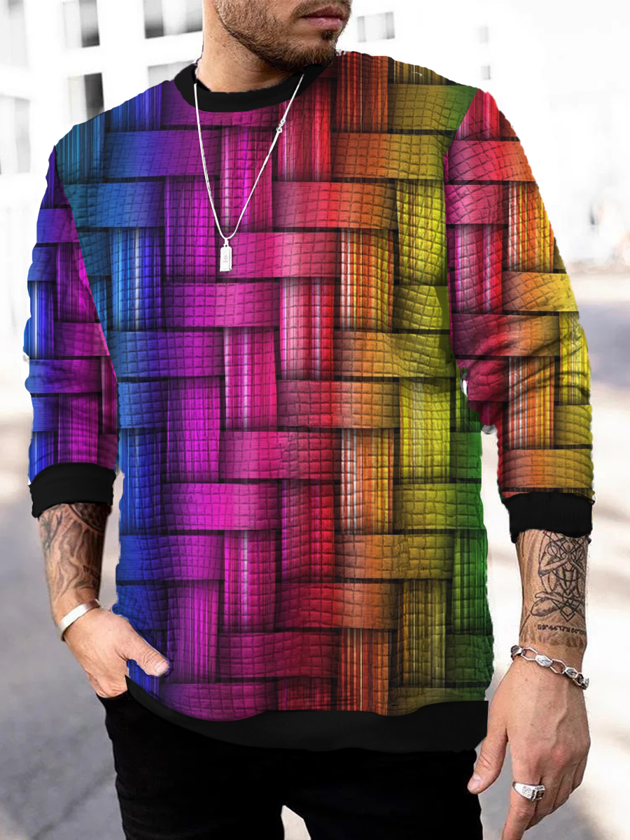 Men's Sweatshirt Rainbow Stripes Print Waffle Long Sleeve Sweatshirt