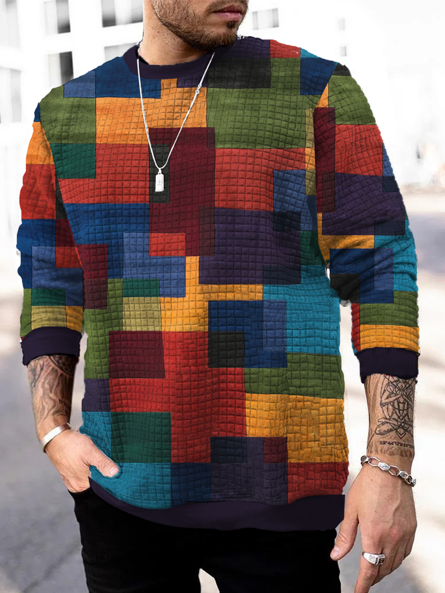 Men's Sweatshirt Colorblock Print Waffle Long Sleeve Sweatshirt