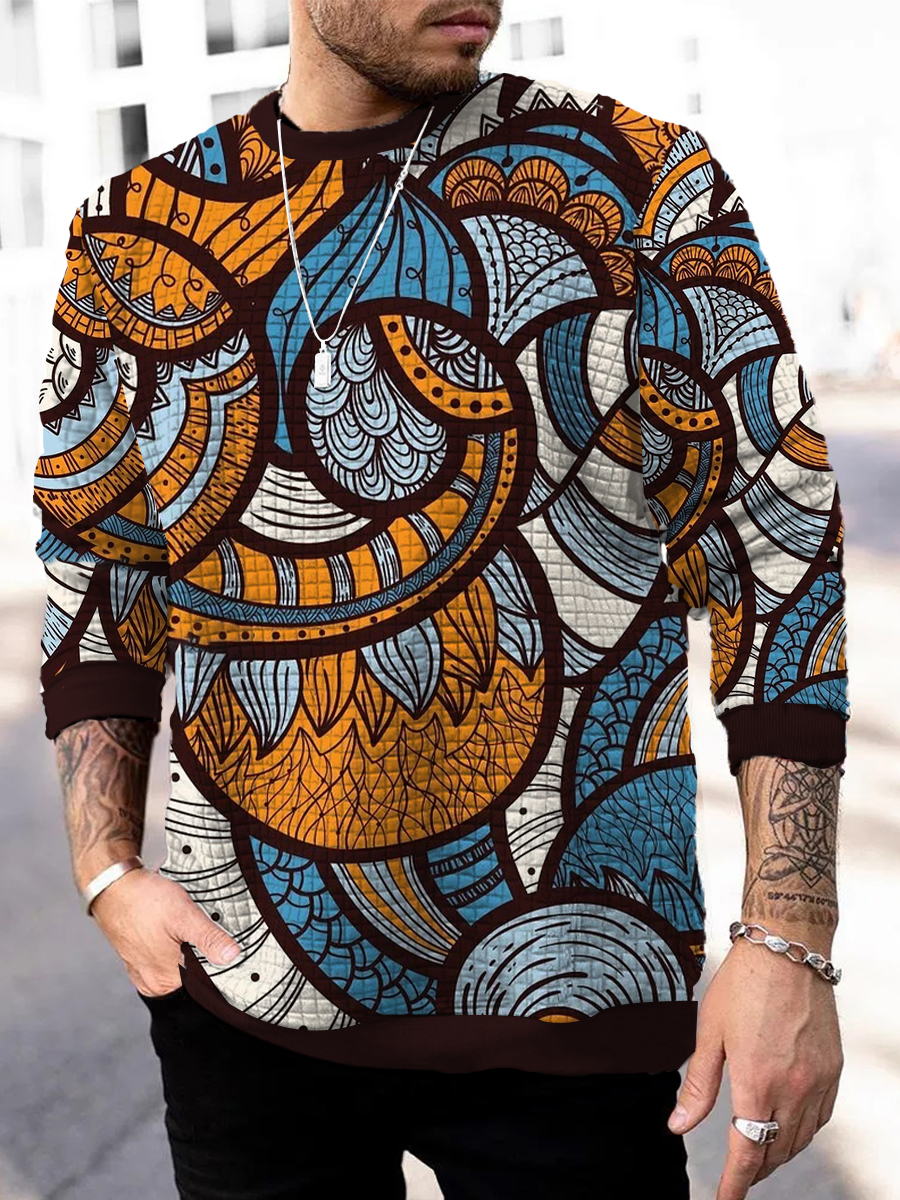Men's Sweatshirt Geometric Paisley Pattern Print Waffle Long Sleeve Sweatshirt