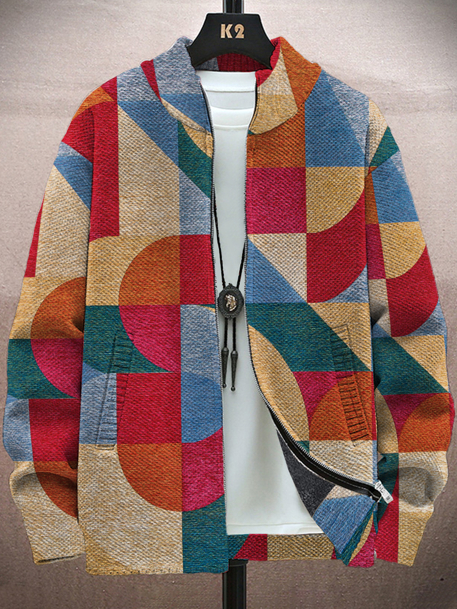 Men's Jacket Art Colorblock Print Long-Sleeved Zip Cardigan Jacket