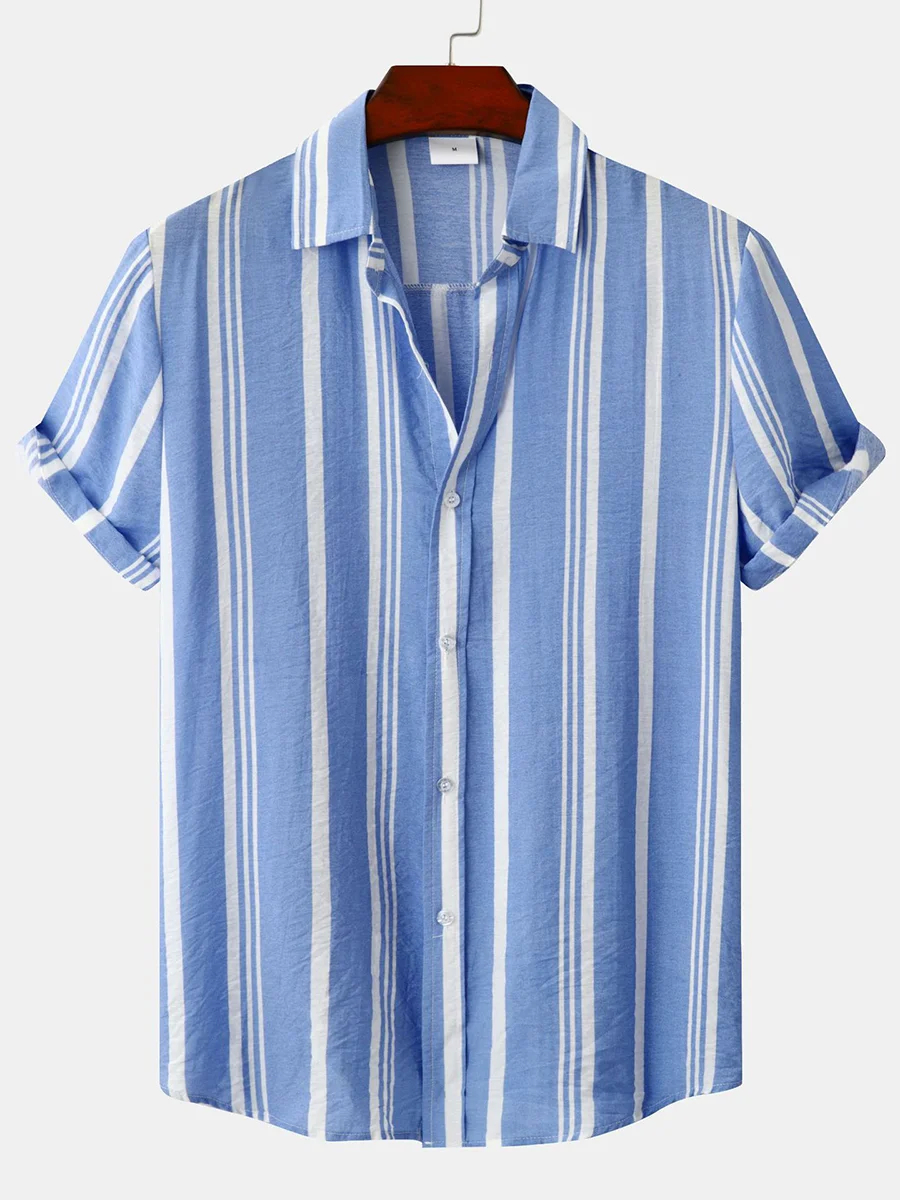 Retro Stripes Print Short Sleeve Button Down Shirt