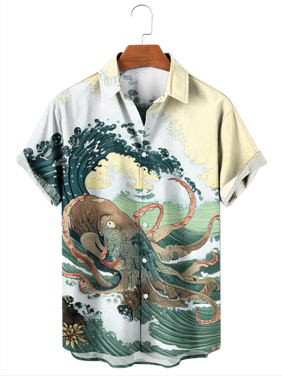 Men's Hawaiian Shirts Japanese Style Ukiyo-e Octopus Print Aloha Shirts