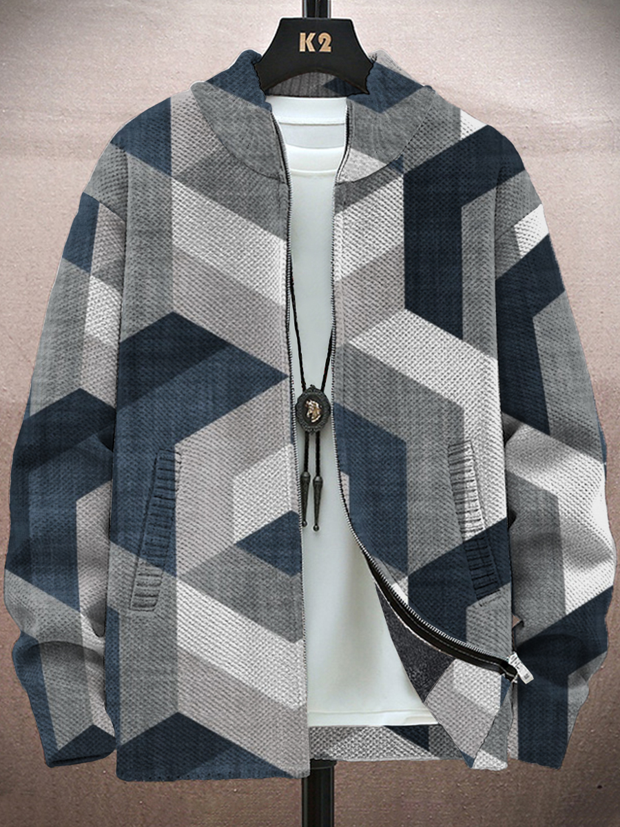 Men's Jacket Hexagon Colorblock Print Long-Sleeved Zip Cardigan Jacket