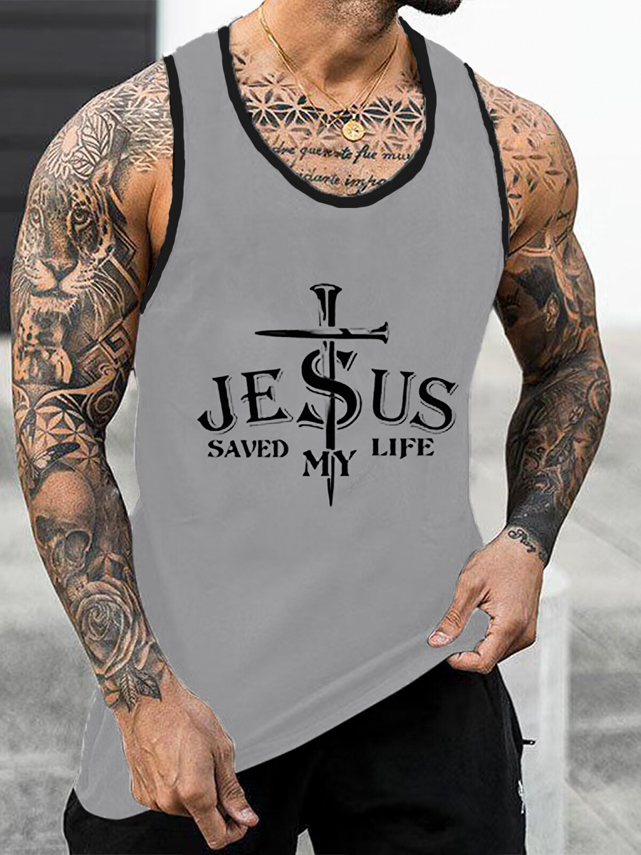 Men's Tank Top Jesus Saved My Life Print Crew Neck Tank T-Shirt