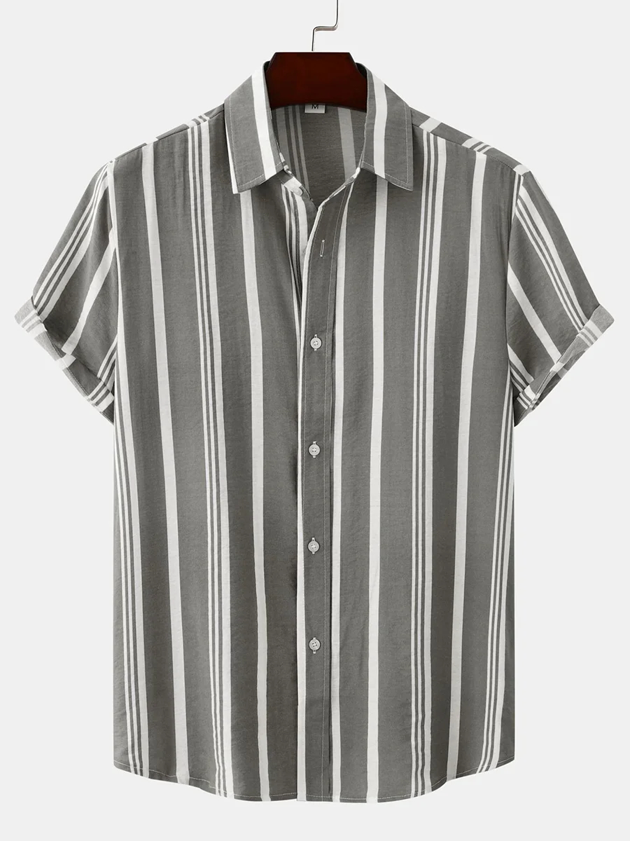 Retro Stripes Print Short Sleeve Button Down Shirt