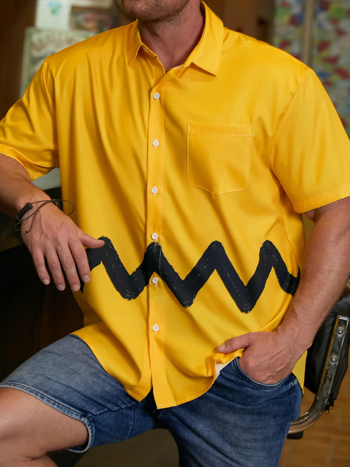 Nostalgic Cartoon Chest Pocket Short Sleeves Casual Shirt